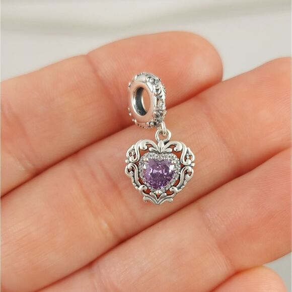 925 Sterling Silver Vintage Heart Dangle Charm - Picture 2 of 8